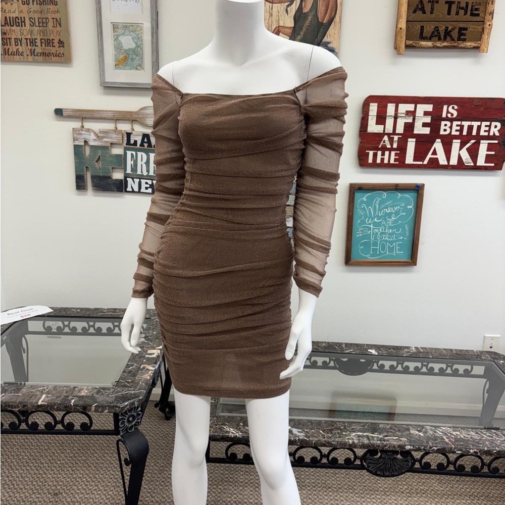 SHEIN Brown Off-Shoulder Long Sleeve Dress